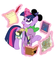 Size: 1600x1688 | Tagged: safe, artist:lostinthetrees, derpibooru import, spike, twilight sparkle, twilight sparkle (alicorn), alicorn, dragon, pony, baby, baby carrier, baby dragon, book, checklist, crossover, cute, cutie mark, disney, disneyland, drool, duo, feather, female, glowing horn, hat, hnnng, horn, levitation, logo, looking up, magic, male, mama twilight, map, mare, mickey hat, quill, raised hoof, saddle bag, sleeping, spikabetes, spikelove, strap, telekinesis, twiabetes