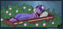 Size: 2482x1150 | Tagged: safe, artist:seventozen, derpibooru import, edit, twilight sparkle, twilight sparkle (alicorn), alicorn, pony, casket, clothes, cropped, dead, dress, eyes closed, female, flower, flower in hair, funeral, implied death, mare, mortality blues, pillow, playing dead, solo