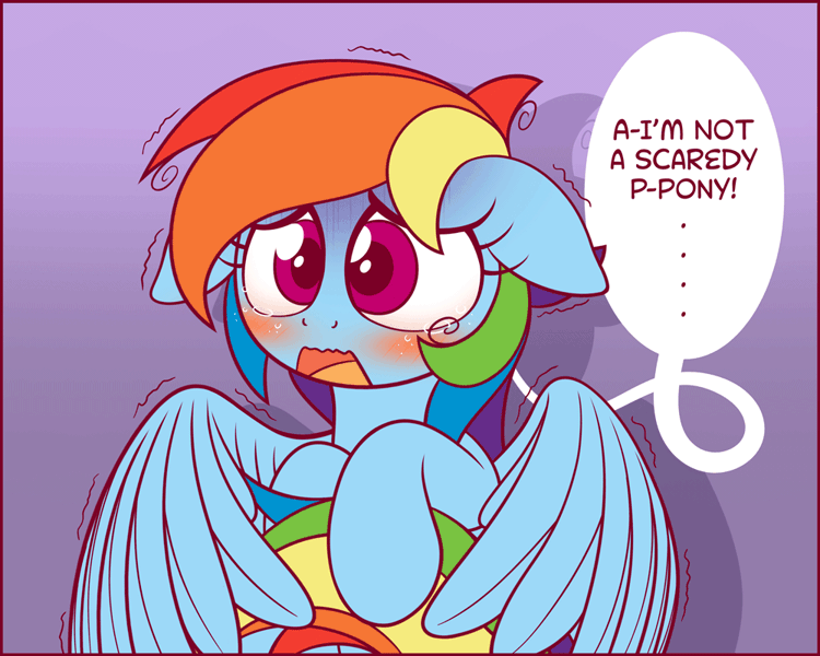 Size: 1000x800 | Tagged: safe, artist:symbianl, derpibooru import, rainbow dash, pegasus, pony, animated, blatant lies, blushing, cute, dashabetes, dialogue, eye shimmer, female, floppy ears, mare, open mouth, out of character, scared, scaredy dash, shivering, solo, symbianl is trying to murder us, tail wrap