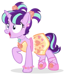 Size: 1242x1400 | Tagged: safe, artist:pixelkitties, derpibooru import, starlight glimmer, pony, unicorn, alternate hairstyle, bracelet, clothes, cute, dress, female, glimmerbetes, happy, mare, necklace, open mouth, pigtails, raised hoof, simple background, smiling, solo, transparent background, vector, wide eyes