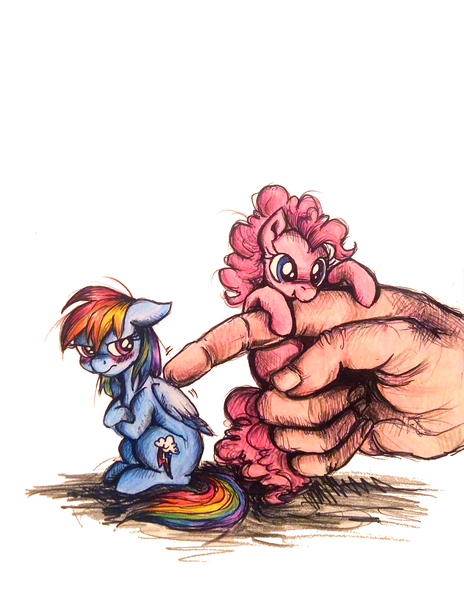 Size: 856x1108 | Tagged: safe, artist:buttersprinkle, derpibooru import, pinkie pie, rainbow dash, human, biting, blushing, colored pencil drawing, cute, dashabetes, diapinkes, grumpy, hand, in goliath's palm, micro, size difference, tiny, tiny ponies, traditional art, tsundere