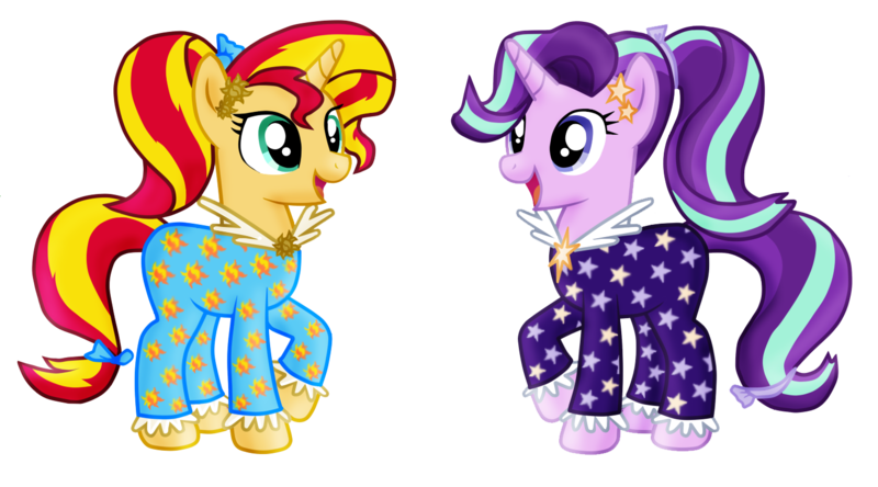 Size: 1492x828 | Tagged: safe, artist:majkashinoda626, derpibooru import, starlight glimmer, sunset shimmer, pony, unicorn, alternate hairstyle, clothes, counterparts, cute, daaaaaaaaaaaw, eye contact, glimmerbetes, happy, open mouth, ponytail, raised hoof, shimmerbetes, smiling, twilight's counterparts