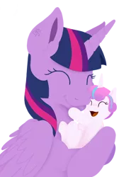 Size: 896x1213 | Tagged: safe, artist:dorij-s, derpibooru import, princess flurry heart, twilight sparkle, twilight sparkle (alicorn), alicorn, pony, the crystalling, aunt and niece, auntie twilight, baby, baby alicorn, baby flurry heart, baby pony, cradling, crossed hooves, cute, dawwww, eyes closed, female, happy, happy baby, holding a pony, infant, mare, newborn filly, nuzzling, open mouth, reaching up, smiling