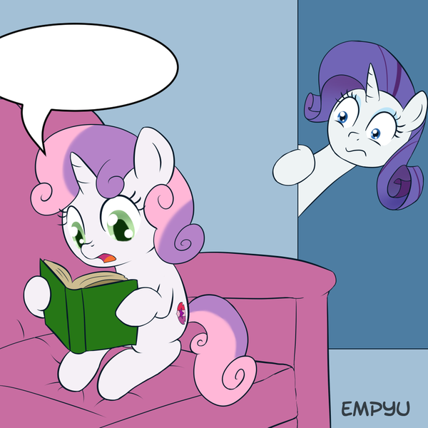 Size: 1000x1000 | Tagged: safe, artist:empyu, derpibooru import, edit, rarity, sweetie belle, pony, unicorn, book, cutie mark, dialogue, exploitable meme, meme, reading, speech bubble, sweetie belle's book, template, the cmc's cutie marks