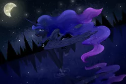 Size: 1500x999 | Tagged: artist:orauraa, dead source, derpibooru import, flying, lake, moon, mountain, night, princess luna, ripple, safe, solo, water