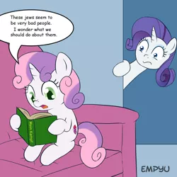 Size: 1000x1000 | Tagged: safe, artist:empyu, derpibooru import, edit, rarity, sweetie belle, pony, unicorn, antisemitism, book, cutie mark, dialogue, exploitable meme, female, filly, mare, mein kampf, meme, reading, speech bubble, sweetie belle's book, the cmc's cutie marks, this will end in death, this will end in tears, this will end in tears and/or death, wide eyes