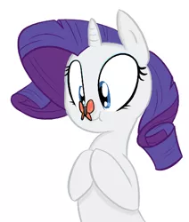 Size: 409x483 | Tagged: safe, artist:shoutingisfun, derpibooru import, rarity, butterfly, pony, unicorn, butterfly on nose, cute, female, insect on nose, mare, raribetes, simple background, solo, white background
