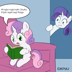 Size: 1000x1000 | Tagged: safe, artist:empyu, derpibooru import, edit, rarity, sweetie belle, pony, unicorn, book, cthulhu, cthulhu mythos, cutie mark, dialogue, exploitable meme, meme, reading, speech bubble, sweetie belle's book, the cmc's cutie marks