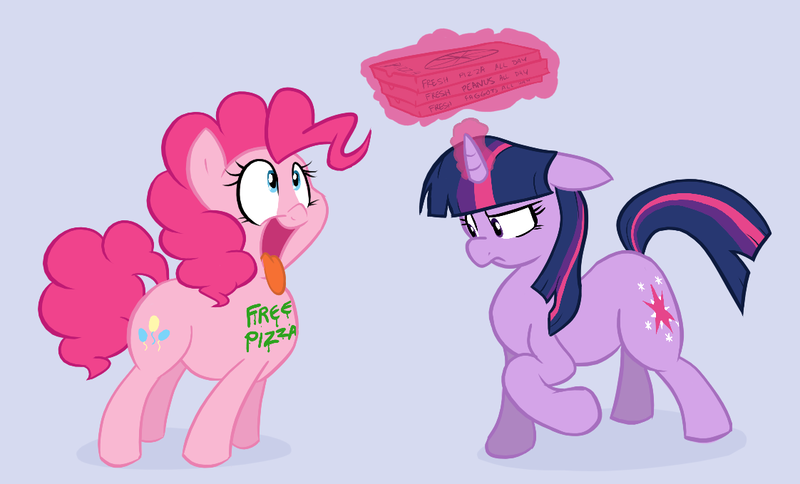 Size: 1122x679 | Tagged: artist:shoutingisfun, derpibooru import, eyes on the prize, floppy ears, food, frown, levitation, magic, open mouth, pinkie pie, pizza, raised eyebrow, raised hoof, safe, smiling, telekinesis, twilight sparkle, unamused, vulgar, wide eyes