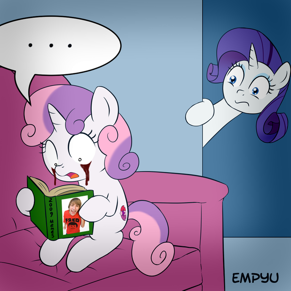 Size: 1000x1000 | Tagged: semi-grimdark, artist:empyu, derpibooru import, edit, rarity, sweetie belle, pony, unicorn, ..., 2009, blood, book, crying, female, filly, fred, mare, meme, obligatory pony, sweetie belle's book, tears of blood, wide eyes