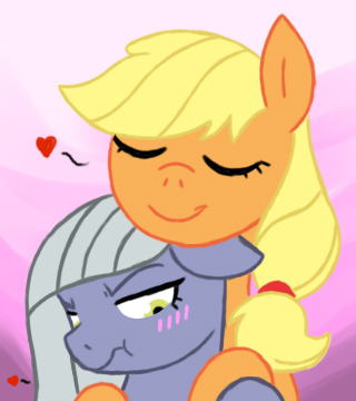 Size: 320x360 | Tagged: safe, artist:blazeblitz, derpibooru import, applejack, limestone pie, earth pony, pony, applestone, blushing, crack shipping, eyes closed, female, heart, hoof hold, hug, lesbian, limetsun pie, mare, scrunchy face, shipping, tsundere