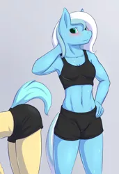 Size: 1280x1866 | Tagged: suggestive, artist:daf, derpibooru import, oc, oc:wintermute, unofficial characters only, anthro, earth pony, abs, armpits, belly button, blushing, clothes, implied lesbian, midriff, shorts, sports bra, sports shorts, sweat, workout outfit
