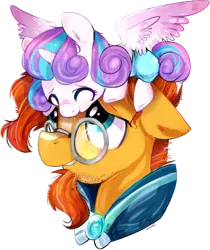Size: 384x457 | Tagged: safe, artist:granipaz, derpibooru import, princess flurry heart, sunburst, alicorn, pony, unicorn, the crystalling, baby, baby pony, bust, cute, daaaaaaaaaaaw, duo, eyes closed, female, filly, floppy ears, flurrybetes, grin, male, pony hat, portrait, simple background, smiling, spread wings, stallion, sunbetes, transparent background, uncle sunburst, weapons-grade cute