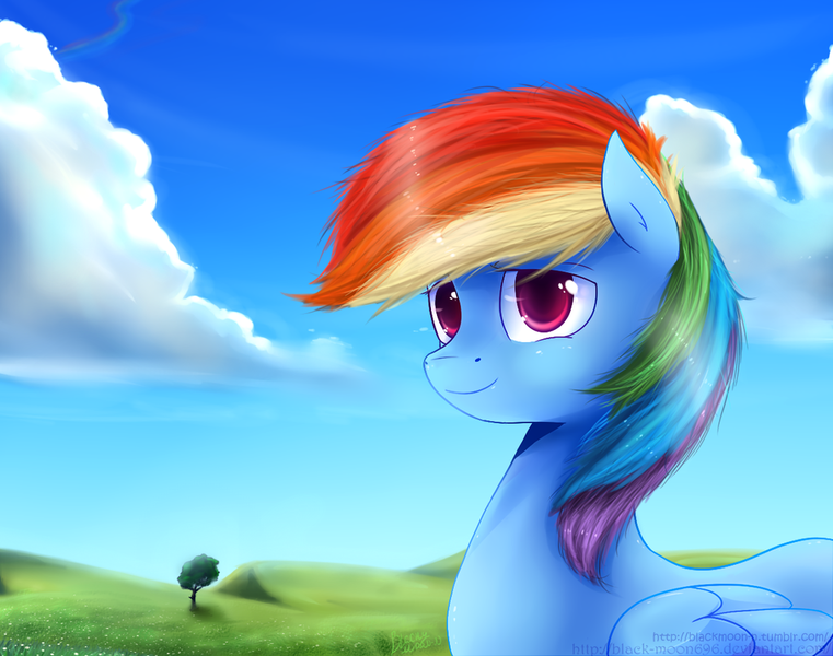 Size: 1024x807 | Tagged: safe, artist:blacky-moon, derpibooru import, rainbow dash, cloud, cute, dashabetes, grass, smiling, solo, tree