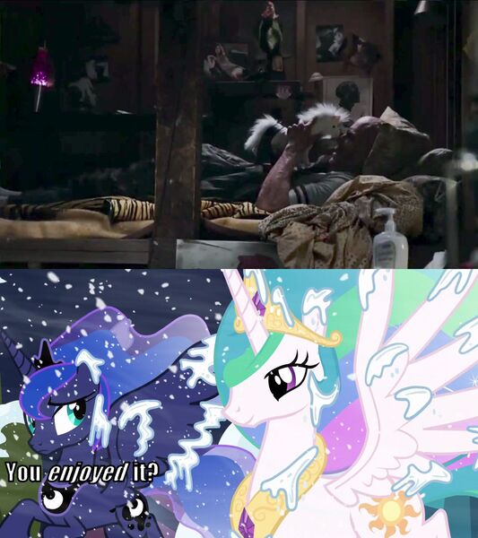 Size: 1280x1440 | Tagged: suggestive, derpibooru import, edit, edited screencap, screencap, princess celestia, princess luna, alicorn, pony, princess molestia, the crystalling, caption, comic, cum on body, cum on wings, deadpool, female, implied cum, implied masturbation, lotion, mare, out of context, plushie