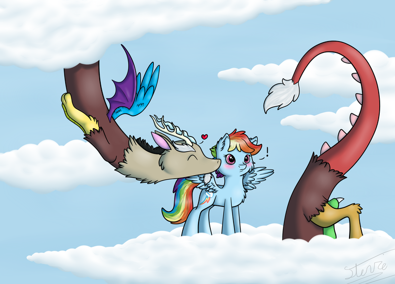 Size: 3000x2153 | Tagged: safe, artist:vigilantefreak, derpibooru import, discord, rainbow dash, pegasus, pony, blushing, cheek fluff, chest fluff, cloud, discodash, ear fluff, exclamation point, female, kissing, male, shipping, straight