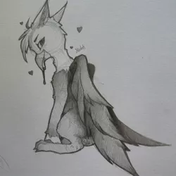 Size: 1280x1280 | Tagged: safe, artist:rayquaza005, derpibooru import, oc, oc:ralek, unofficial characters only, gryphon, eared griffon, heart, monochrome, paper, pencil, solo, traditional art