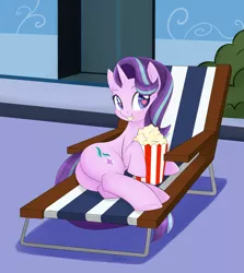 Size: 4100x4587 | Tagged: suggestive, artist:potzm, derpibooru import, starlight glimmer, pony, unicorn, the crystalling, absurd resolution, cute, female, food, glimmer glutes, glimmerbetes, heart, heart eyes, looking at you, mare, plot, popcorn, scene interpretation, smiling, solo, solo female, underhoof, wingding eyes