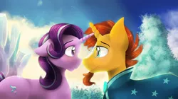 Size: 2000x1123 | Tagged: safe, artist:blackligerth, derpibooru import, starlight glimmer, sunburst, the crystalling, cute, eye contact, female, looking at each other, male, shipping, starburst, straight