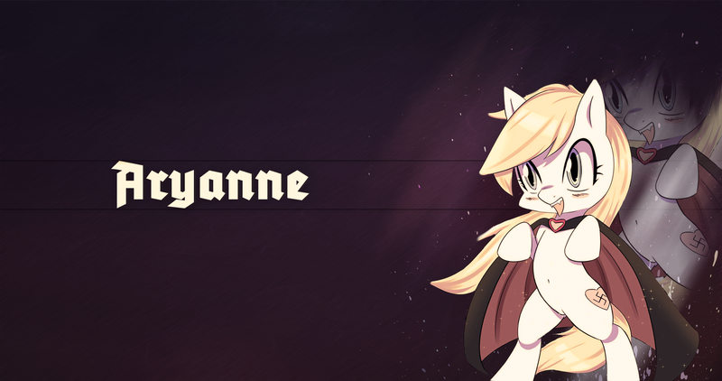 Size: 2048x1080 | Tagged: safe, artist:randy, artist:vinixe, derpibooru import, edit, oc, oc:aryanne, unofficial characters only, pony, vampire, aryan, aryan pony, aryanbetes, belly button, bipedal, blackletter, blushing, cape, clothes, cute, fangs, female, liquid, nazi, nazipone, open mouth, smiling, solo, splash, swastika, text, wallpaper