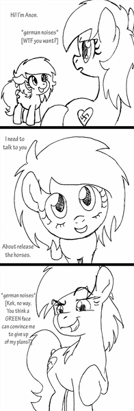 Size: 900x2750 | Tagged: safe, artist:anonymous, derpibooru import, oc, oc:anonfilly, oc:aryanne, unofficial characters only, black and white, comic, descriptive noise, dialogue, grayscale, heart, horse noises, meme, /mlp/, monochrome, nazi, simple background, swastika, white background