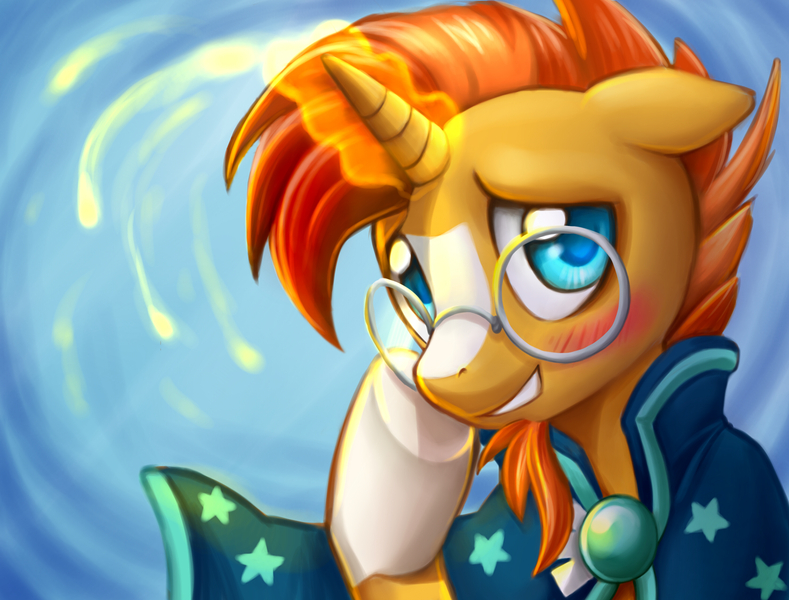 Size: 2952x2244 | Tagged: safe, artist:ailish, derpibooru import, sunburst, pony, unicorn, the crystalling, blushing, cape, clothes, cute, floppy ears, glasses, glowing horn, goatee, grin, looking at you, magic, male, smiling, solo, stallion, sunbetes