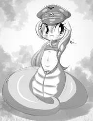 Size: 1280x1671 | Tagged: safe, artist:randy, derpibooru import, oc, oc:aryanne, unofficial characters only, lamia, original species, snake, :p, aryan, aryan pony, aryanbetes, belly button, belt buckle, black and white, blushing, clothes, cute, floppy ears, grayscale, hat, hissing, long tongue, looking away, midriff, monochrome, nazipone, reichsadler, scales, sharp teeth, shirt, shy, simple background, smiling, solo, tanktop, tongue flick, tongue out, totenkopf
