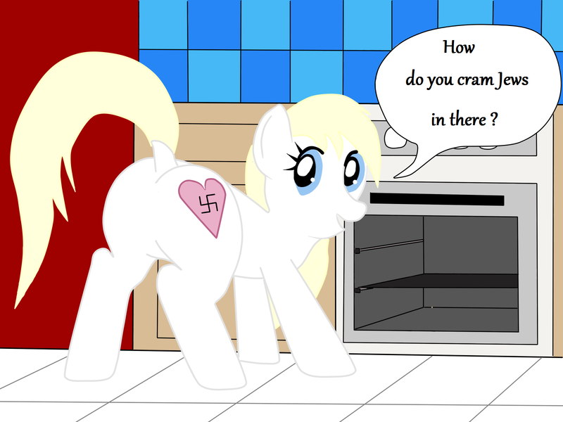 Size: 1600x1200 | Tagged: safe, artist:imnotthegoddamnbatman, deleted from derpibooru, derpibooru import, oc, oc:aryanne, unofficial characters only, earth pony, pony, antisemitism, butt, featureless crotch, female, heart, holocaust joke, jew, kitchen, looking at you, looking back, looking back at you, mare, nazi, oven, plot, question, solo, speech bubble, swastika, that pony sure does hate jews, we are going to heil, we are going to hell