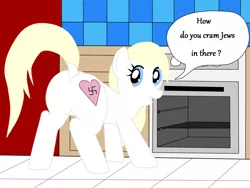Size: 1600x1200 | Tagged: safe, artist:imnotthegoddamnbatman, deleted from derpibooru, derpibooru import, oc, oc:aryanne, unofficial characters only, earth pony, pony, antisemitism, butt, featureless crotch, female, heart, holocaust joke, jew, kitchen, looking at you, looking back, looking back at you, mare, nazi, oven, plot, question, solo, speech bubble, swastika, that pony sure does hate jews, we are going to heil, we are going to hell