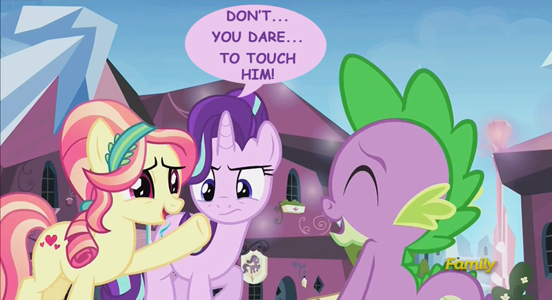 Size: 1000x544 | Tagged: admiration, comic sans, derpibooru import, dialogue, discovery family logo, edit, edited screencap, engrish, female, jealous, male, ruby love, safe, scarlet heart, screencap, shipping, sparlight, speech bubble, spike, starlight glimmer, straight, the crystalling, underhoof