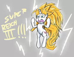 Size: 1210x933 | Tagged: artist:anonymous, derpibooru import, dragon ball z, female, floating, germany, heart, horn, lightning, long mane, /mlp/, nazi, oc, oc:aryanne, powering up, rage, reich, safe, schutzstaffel, screaming, simple background, solo, super saiyan, super saiyan 3, swastika, unofficial characters only, white background