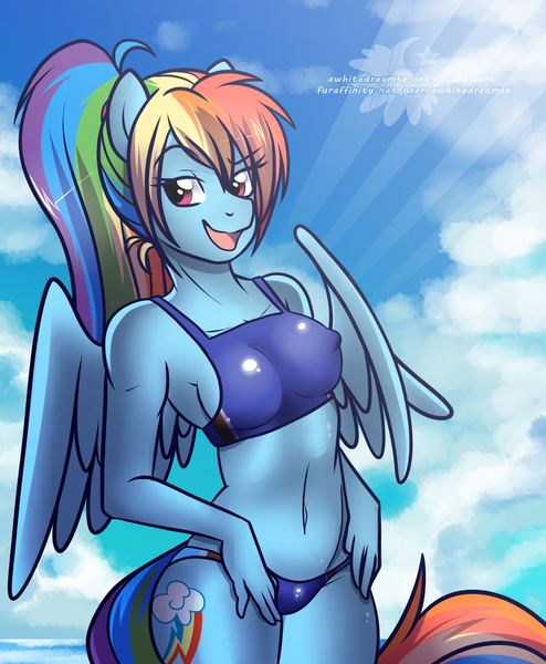 Size: 1645x2000 | Tagged: anthro, artist:xwhitedreamsx, belly button, bikini, breasts, busty rainbow dash, clothes, derpibooru import, female, midriff, rainbow dash, sideboob, solo, solo female, suggestive, swimsuit