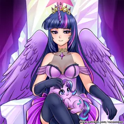 Size: 700x700 | Tagged: safe, artist:racoonsan, derpibooru import, starlight glimmer, twilight sparkle, twilight sparkle (alicorn), human, pony, unicorn, :t, choker, chubby, clothes, corset, crossed legs, cute, daaaaaaaaaaaw, female, friendship throne, glimmerbetes, horned humanization, humanized, lidded eyes, looking at you, mare, new crown, pet glimmer, petting, pony pet, sitting, skirt, sleeveless, smiling, smol, socks, spread wings, thigh highs, throne, underhoof, winged humanization