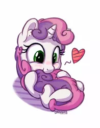 Size: 1100x1400 | Tagged: safe, artist:bobdude0, derpibooru import, sweetie belle, pony, unicorn, cute, diasweetes, female, filly, heart, hug, nom, solo, tail bite, tail hug, weapons-grade cute