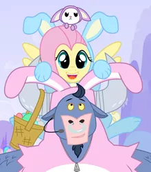 Size: 704x800 | Tagged: safe, artist:creepycurse, derpibooru import, angel bunny, fluttershy, iron will, minotaur, pegasus, pony, rabbit, angelbetes, animal, bunception, buncursion, bunny costume, clothes, cute, easter, microphone, nose piercing, nose ring, piercing, redundant, the bun has been doubled, trio, willabetes