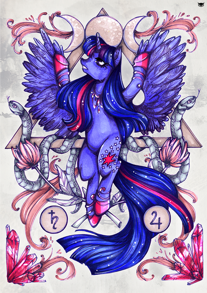 Size: 707x1000 | Tagged: safe, artist:madblackie, derpibooru import, twilight sparkle, twilight sparkle (alicorn), alicorn, pony, snake, crystal, female, flower, mare, moon, occult, poster, solo, triangle