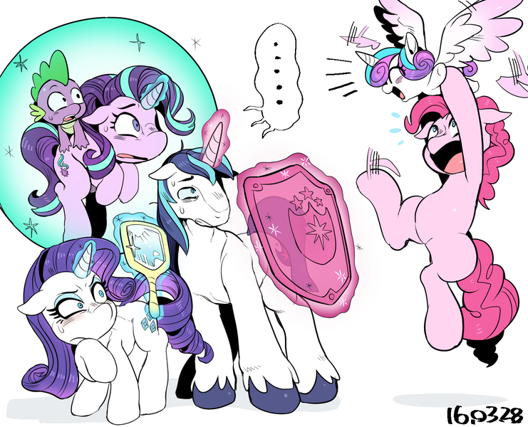 Size: 1473x1192 | Tagged: safe, artist:nekubi, derpibooru import, pinkie pie, princess flurry heart, rarity, shining armor, spike, starlight glimmer, alicorn, dragon, pony, unicorn, the crystalling, ..., barrier, colored hooves, cute, diapinkes, earth pony magic, eyeshadow, female, filly, floppy ears, flying, force field, glowing horn, levitation, magic, makeup, male, mare, mirror, nervous, scared, self-levitation, shield, simple background, smiling, speech bubble, stallion, sweat, telekinesis, this will not end well, unshorn fetlocks, white background, wide eyes