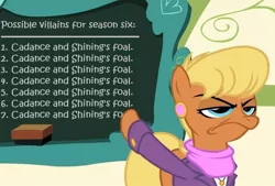 Size: 880x595 | Tagged: chalkboard, derpibooru import, edit, edited screencap, exploitable, exploitable meme, flight to the finish, meme, ms. harshwhinny, ms. harshwhinny's professional chalkboard, obligatory pony, princess cadance, princess flurry heart, safe, screencap, shining armor, solo, the crystalling