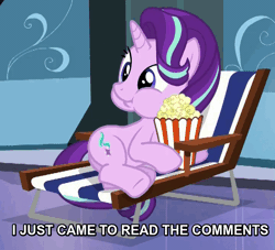 Size: 725x657 | Tagged: safe, derpibooru import, screencap, starlight glimmer, pony, unicorn, derpibooru, the crystalling, animated, chewing, cute, eating, female, food, glimmerbetes, i just came to read the comments, mare, meme, meta, nom, popcorn, puffy cheeks, reaction gif, reaction image, side, smiling, solo, underhoof, watching