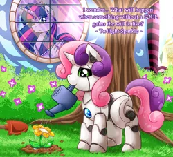 Size: 1500x1370 | Tagged: safe, artist:vavacung, derpibooru import, sweetie belle, twilight sparkle, twilight sparkle (alicorn), alicorn, golem, pony, robot, robot pony, unicorn, comic:chaos future, cute, diasweetes, female, filly, flower, foal, hooves, horn, machine, mare, plant, sweetie bot, undertale, watering can, wings