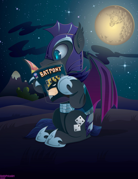 Size: 2550x3300 | Tagged: safe, artist:andypriceart, derpibooru import, oc, oc:au hasard, unofficial characters only, bat pony, pony, batman, full moon, moon, night, night guard, sitting, solo, stars, vector