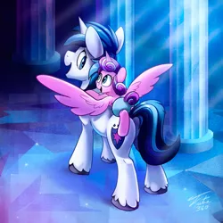 Size: 900x900 | Tagged: safe, artist:tsitra360, derpibooru import, princess flurry heart, shining armor, alicorn, pony, unicorn, the crystalling, cute, father and daughter, female, flurrybetes, mare, open mouth, shining adorable, spread wings