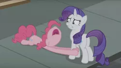 Size: 1016x572 | Tagged: safe, derpibooru import, screencap, pinkie pie, rarity, pony, the gift of the maud pie, awkward moment, begging, female, floppy ears, holding hooves, manehattan, mare, nose in the air, plot, uvula, volumetric mouth