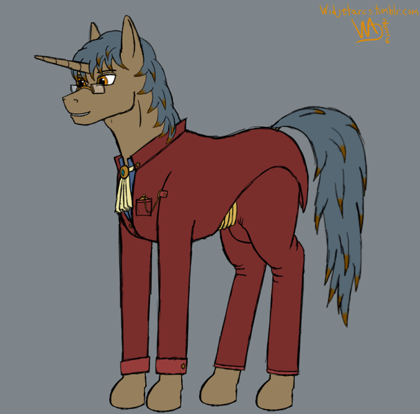 Size: 772x762 | Tagged: questionable, artist:widjetarcs, derpibooru import, oc, oc:widjet, unofficial characters only, pony, unicorn, clothes, crotch bulge, glasses, suit