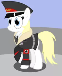 Size: 2127x2605 | Tagged: safe, artist:rainbowsurvivor, derpibooru import, oc, oc:aryanne, unofficial characters only, earth pony, pony, aryanane, belt, clothes, coat, commissar, female, hat, heart, iron cross, medal, nazi, nazi armband, necktie, officer, schutzstaffel, smiling, solo, standing, swastika, uniform, warhammer (game), warhammer 40k