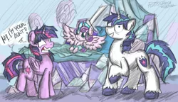 Size: 1500x862 | Tagged: safe, artist:flutterthrash, derpibooru import, princess flurry heart, shining armor, twilight sparkle, twilight sparkle (alicorn), alicorn, pony, the crystalling, cracked armor, female, insanity, mare, runs in the family, this will end in pain, this will end in tears and/or death, twilight snapple