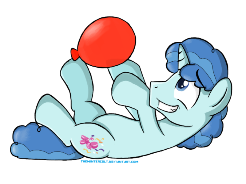 Size: 1111x833 | Tagged: artist:thewintercolt, backwards cutie mark, balloon, cute, derpibooru import, favorbetes, grin, on back, party favor, playing, safe, solo