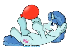 Size: 1111x833 | Tagged: artist:thewintercolt, backwards cutie mark, balloon, cute, derpibooru import, favorbetes, grin, on back, party favor, playing, safe, solo