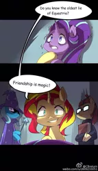 Size: 900x1575 | Tagged: safe, artist:caibaoreturn, derpibooru import, moondancer, starlight glimmer, sunset shimmer, trixie, pony, unicorn, batman v superman: dawn of justice, counterparts, dialogue, hilarious in hindsight, imminent death, magical quartet, scary shiny glasses, shaking, starlight gets what's coming to her, this will end in tears and/or death, twilight's counterparts