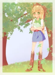 Size: 1841x2500 | Tagged: safe, artist:riouku, derpibooru import, applejack, equestria girls, blushing, boots, clothes, cowboy boots, cowboy hat, crossed arms, cute, denim skirt, grass, hat, jackabetes, leaves, looking at you, signature, skirt, smiling, solo, stetson, tree